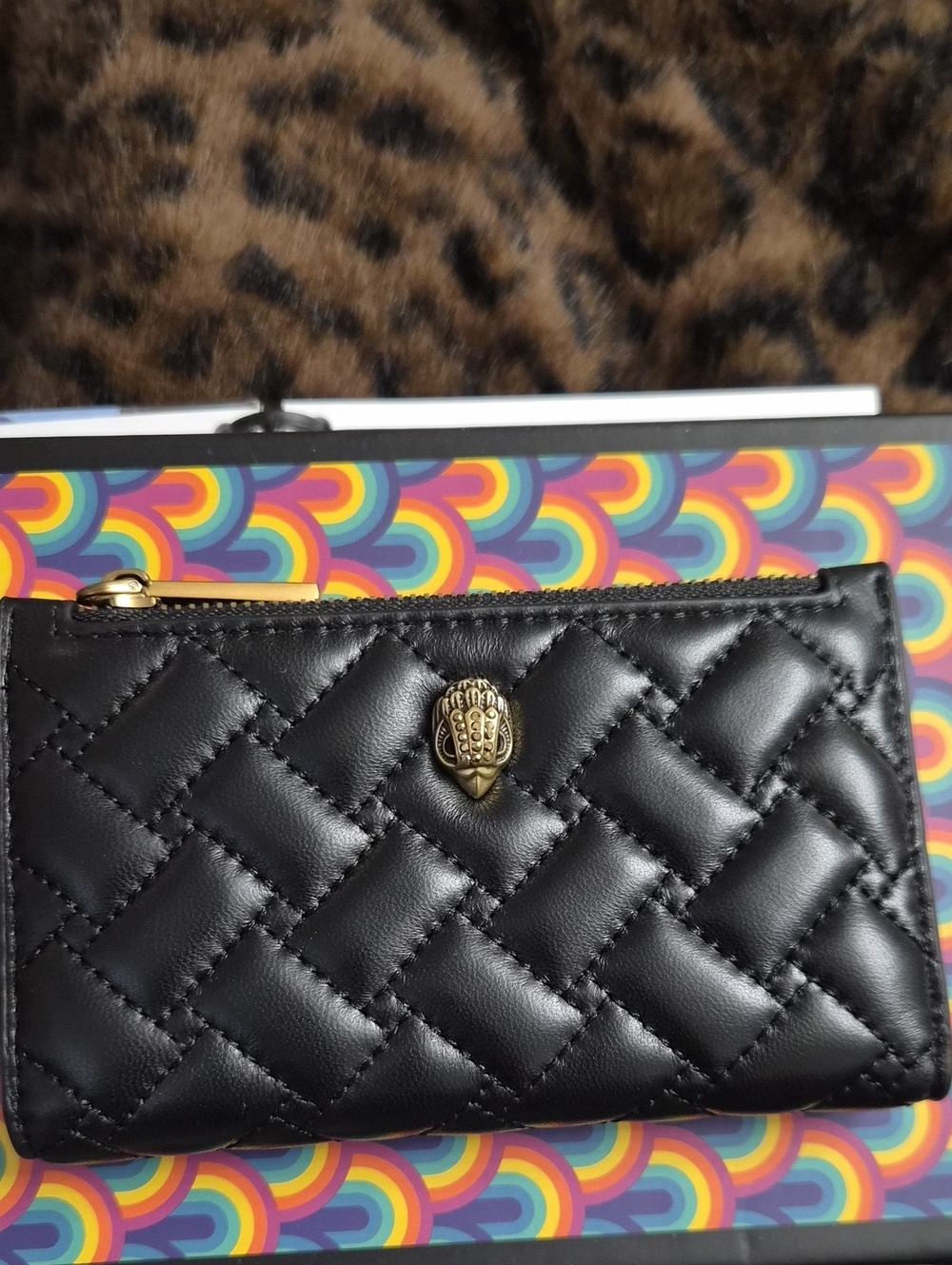 NWOT Kurt Geiger Black Quilted Leather Zip Card Pouch with Gold Accent